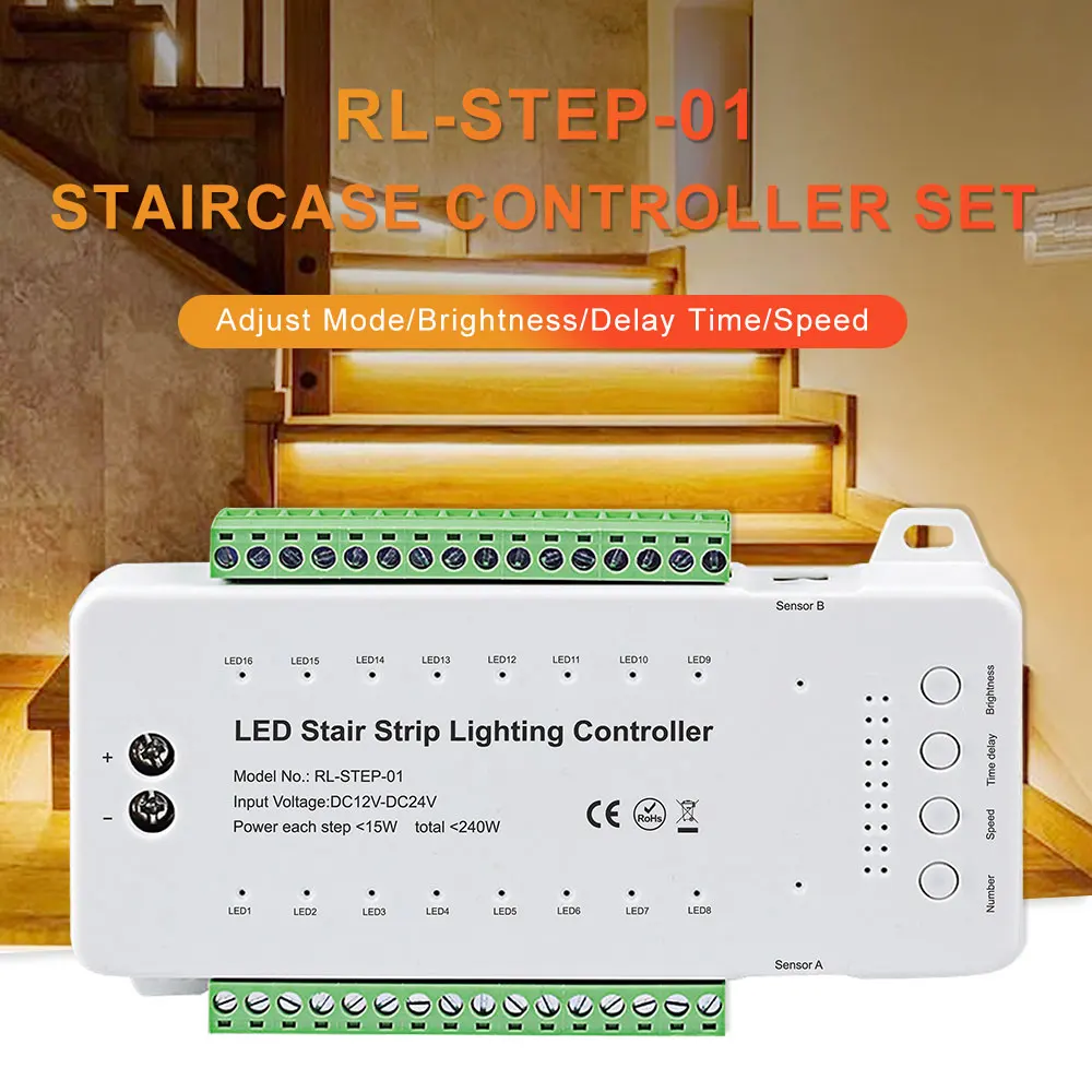 Step-01 16 Steps Stair Lighting Controller Set with COB Strips PIR Motions for Indoor Outdoor Decoration