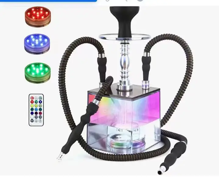 Wholesale 2023 New Design Led Square Glass Acrylic Portable Hookah Shisha Single Pipe for House KTV Smoking