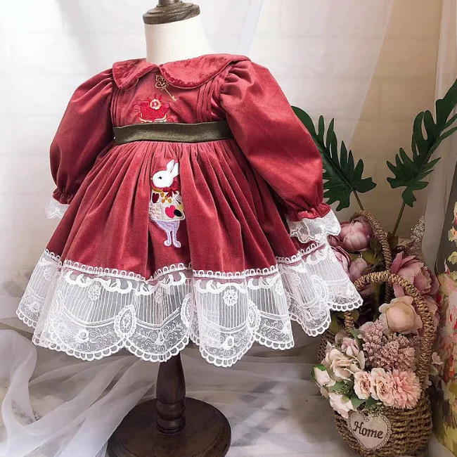 PHB 60927 red color fashion long sleeve Christmas fall girls velvet dress