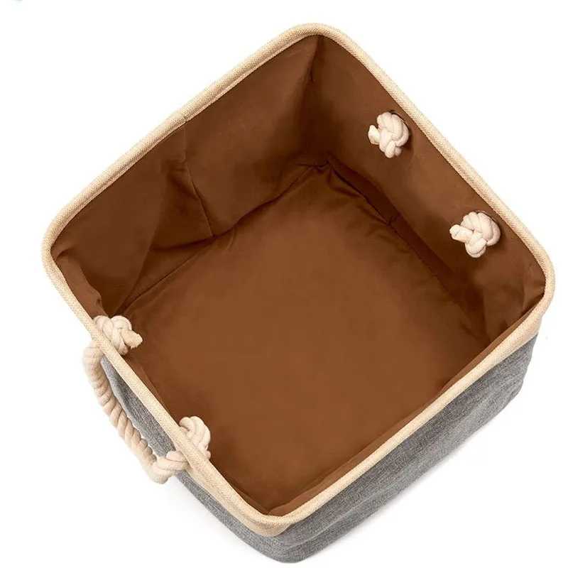 High Quality 3 Pack Cotton Linen Collapsible Toy Storage Box Fabric Storage Basket with Rope Handles