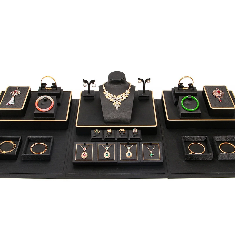 Customer Favorite Jewelry Showcase Display Sets Bracelet Necklace Holder Gold Frame Black Satin Fabric Jewelry Store Display Set