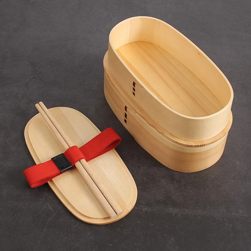 Double Japanese Bento Lunch Box for Kids Split Lunch Boxes Wooden Sushi Boxes Picture Rectangle Sustainable Kitchen Food Storage