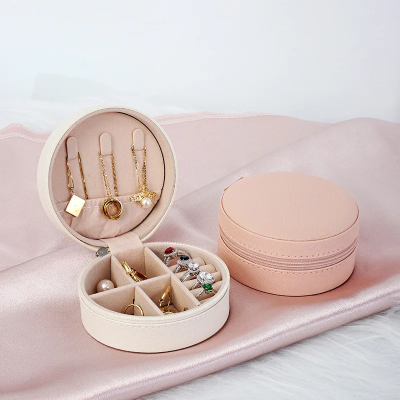 Macaron color round zipper pu leather jewelry organizer necklace earring small pu leather box pocket case custom jewelry box