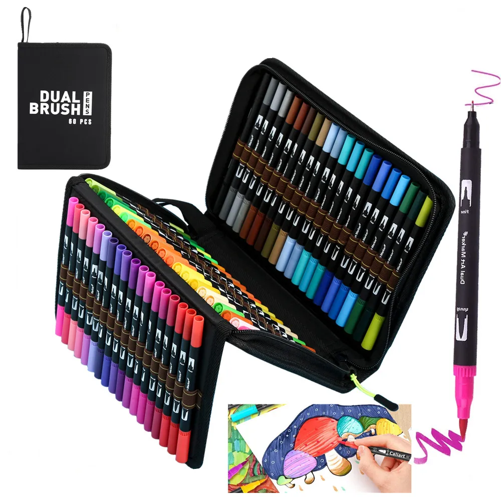 New Design water based fine line art marker Pen 60 Colors Dual Tip Brush Pen