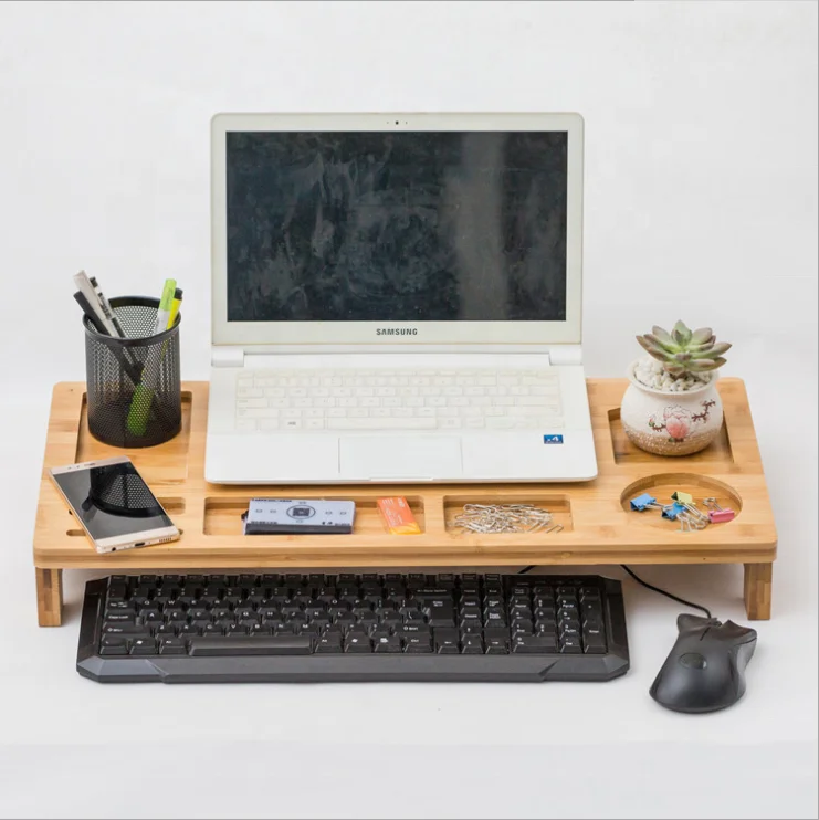 Bamboo Monitor Stand Riser with Drawers, Sturdy Desk Organizer Laptop Stand with Keyboard Storage, Office Computer Accessories