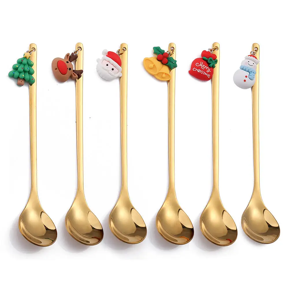 Hot Selling Christmas Gift 6pcs Stainless Steel Gold Teaspoon And Fork Gift Set  Christmas Coffee Spoon Set Cute Cutlery Set