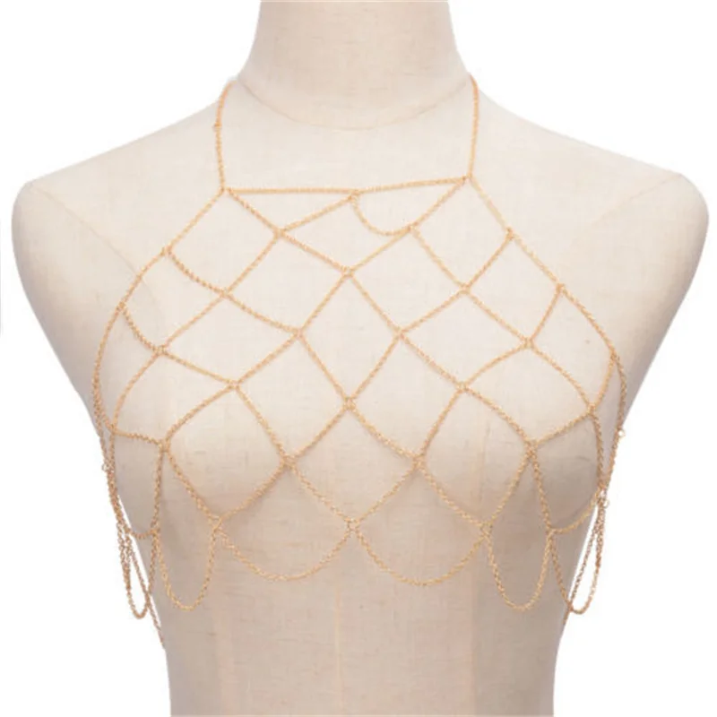 Fashion Gold Plated Body Chain Bra Belly Waist Chain For Women Simple Golden Sexy Body Jewelry Mesh Bra
