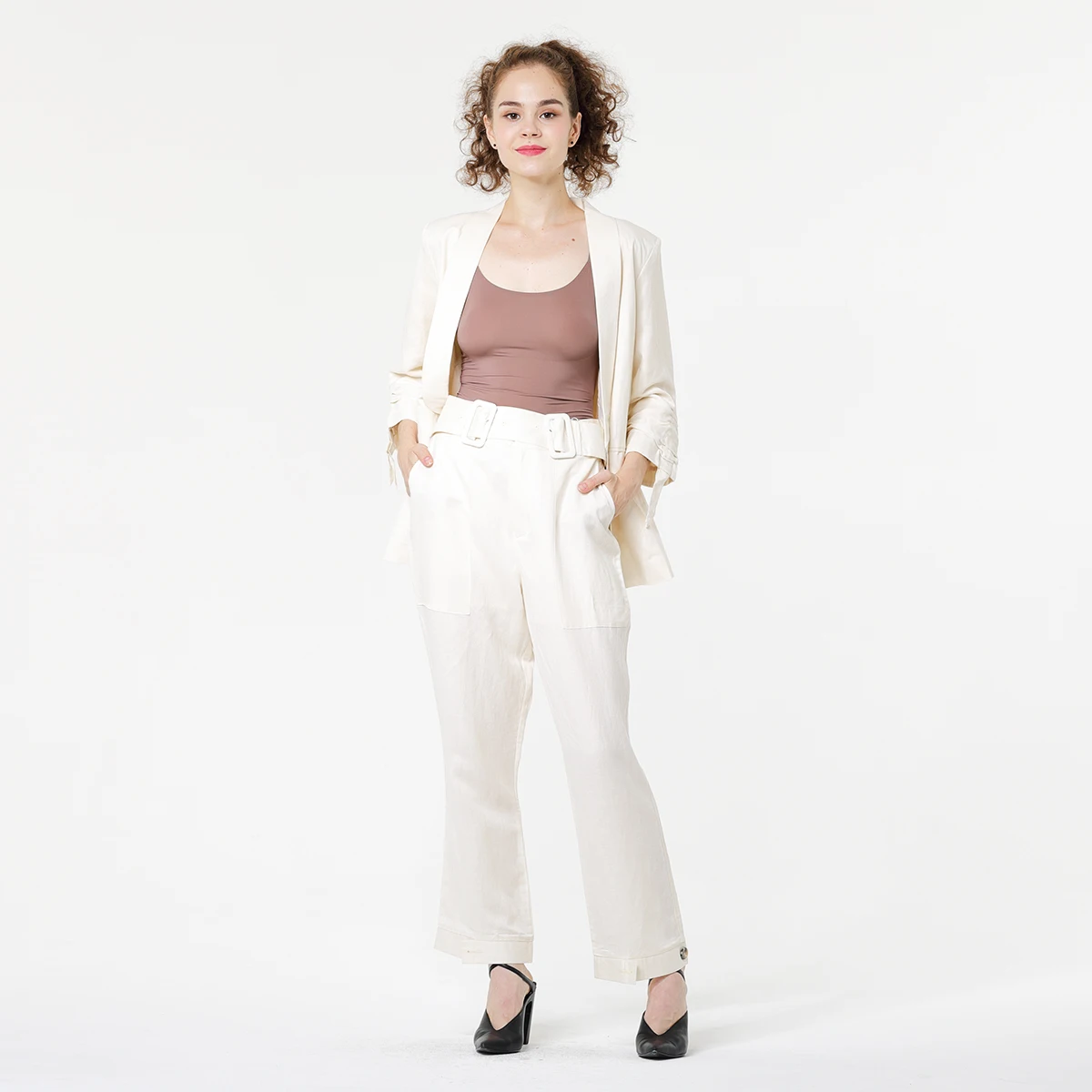 
wide leg shorts elegant two-piece suit turn down collar fit casual linen office blazer women 