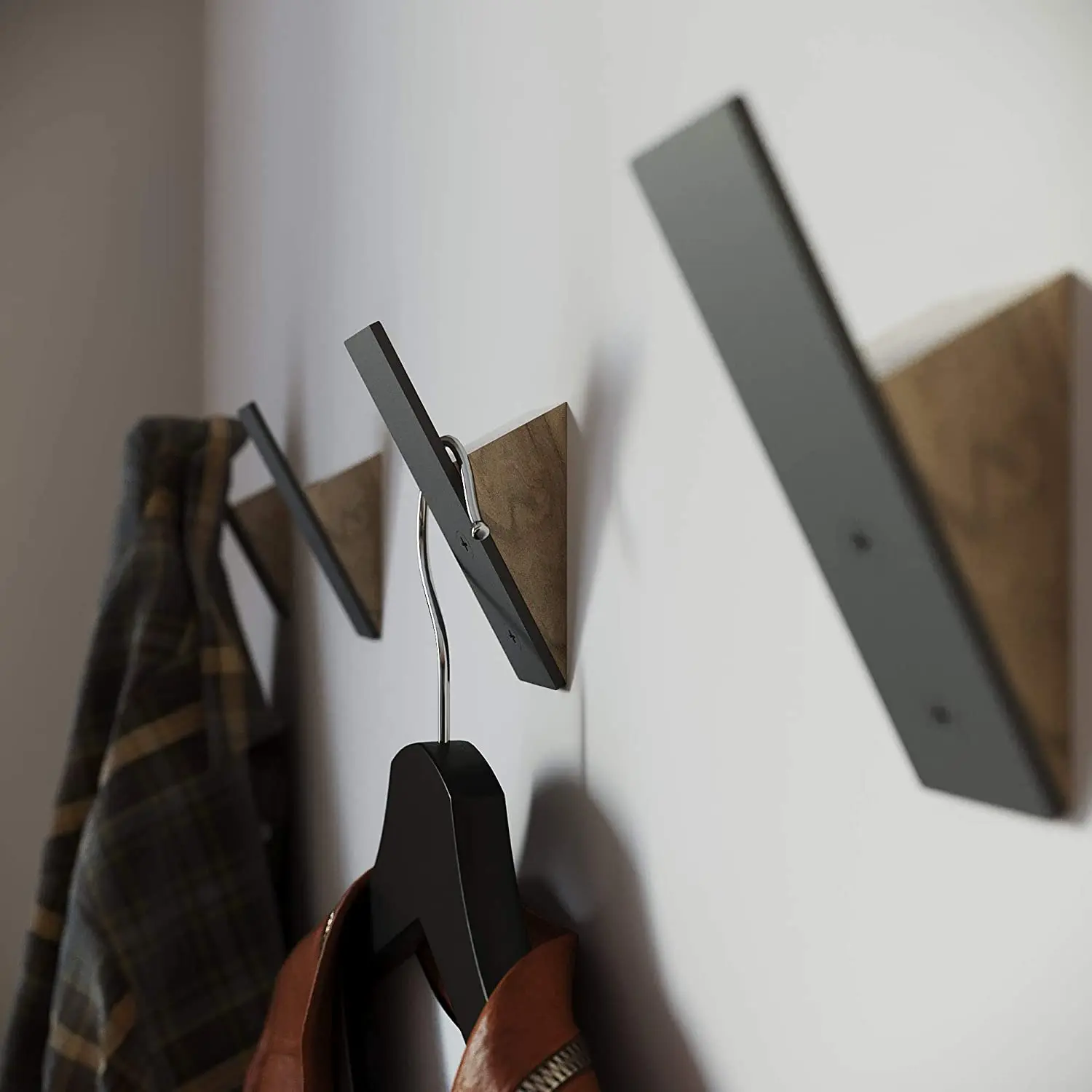 Set of 3 Black Walnut Wood and Black Metal Coat Hook Rack Wall-mounted Wood Craft for Hanging Coats