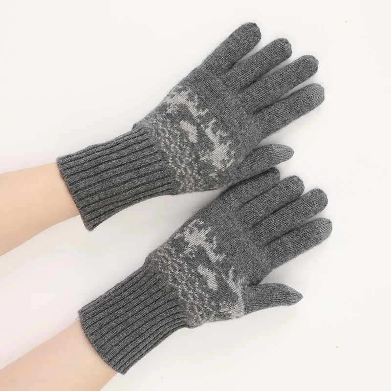 Женские зимние вязаные жаккардовые перчатки и варежки с животным оленем из 100% кашемира