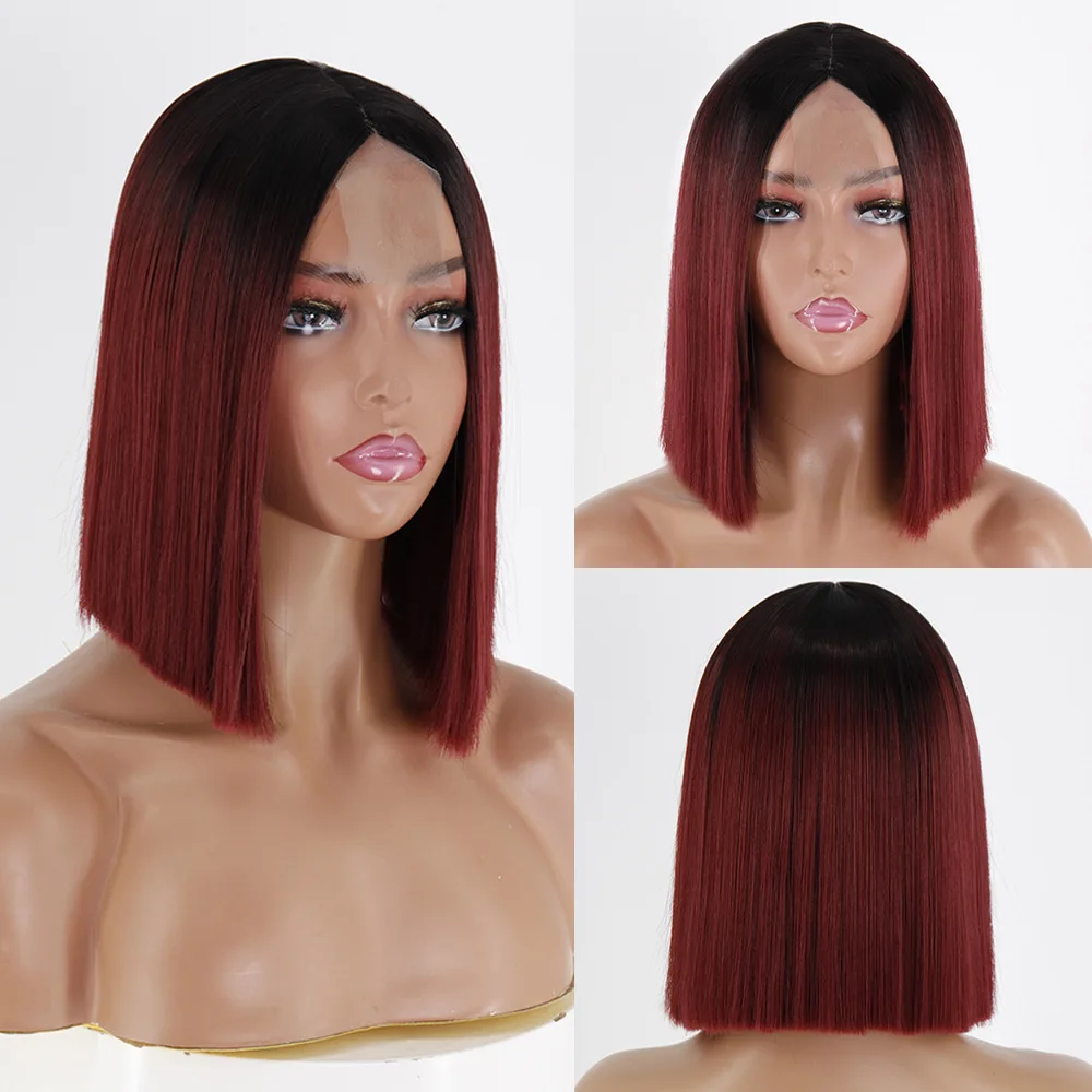 Wholesale 14 inch Afro Ombre Long Lace Front Bob Finger Short Synthetic Hair Cabelo Brasileiro Wigs
