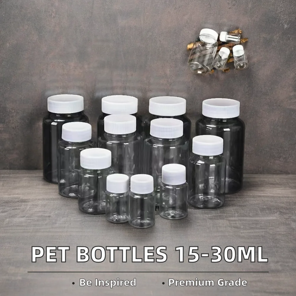 Transparent PET Wide Neck Polyester Bottle 15ml/20ml/30ml Sizes with Screw Cap Pump round Shape Plastic for Medicine Packaging