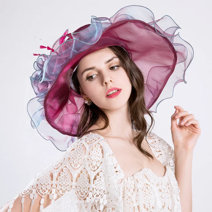 Western Style Wide Brim Women Church Kentucky Derby Fascinator For Tea Bride Dress Organza Mesh Party Wedding Hat