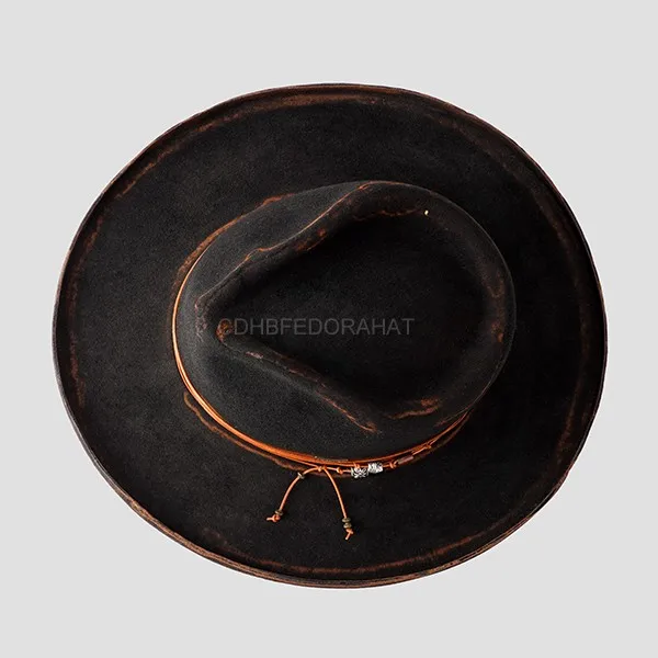 High Quality Unisex Australia Wool Vintage Distressed Large Brim Black Fedora Hats For Men