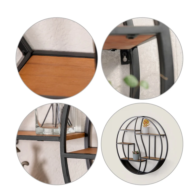 Wood and Metal Hanging Decorative Tiered kitchen  rack  wall floating wire circle wall shelf