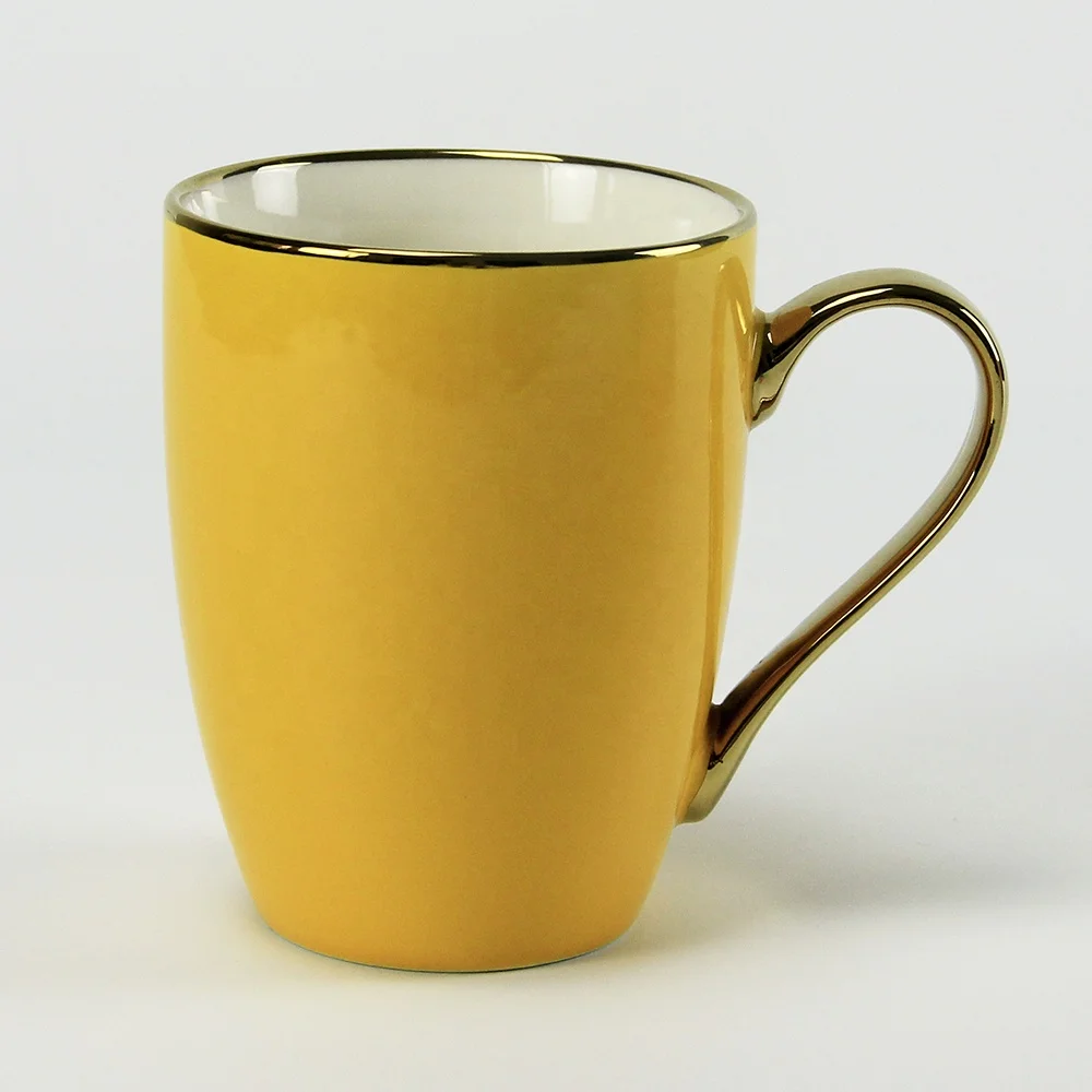 Factory direct sale barrel shape ceramic color glazed gold coffee mug with golden handle