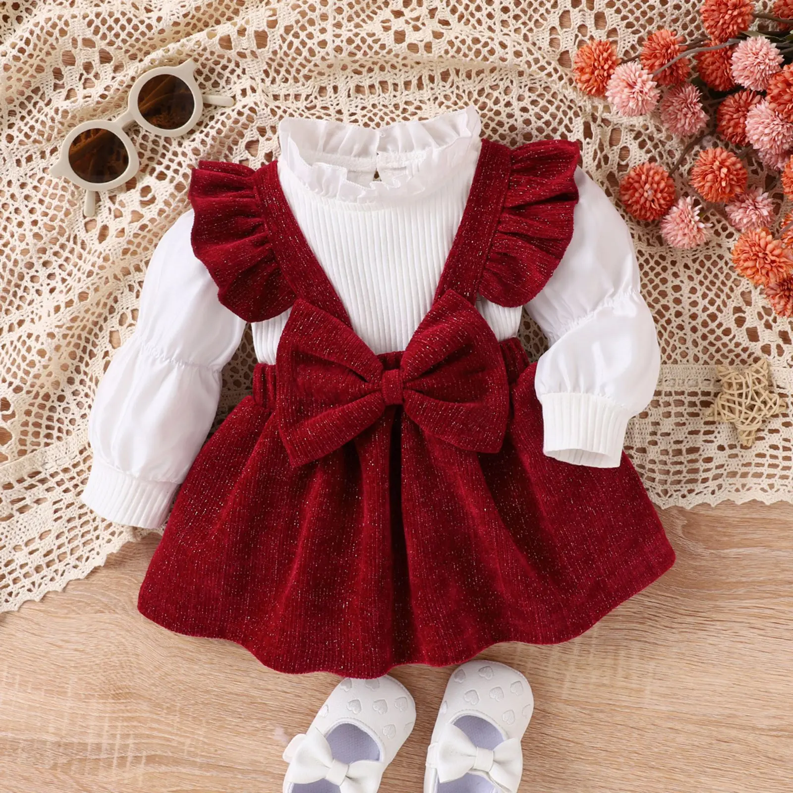 2024 Girl Winter Clothing Sets White Lace Collar Top Corduroy Bow Red Dress Toddler Newborn Christmas Wear Fall Baby Clothes