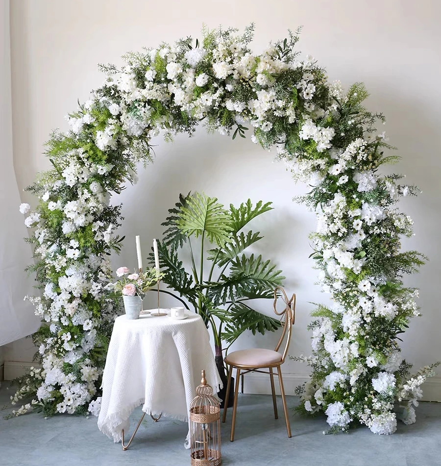 Custom Wedding Green Wild Flowers Artificial Silk White Roses Floral Greenery Arch Backdrop Event Arches for Birthday Party