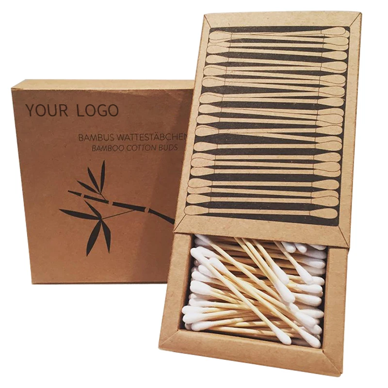 Customized Biodegradable Bamboo Cotton Buds Kraft Box 200pcs Wooden Cotton Buds