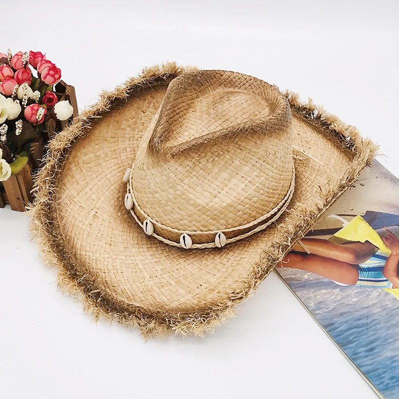 High Quality Women Wide Brim Bowknot Ribbon Cowboy straw hat Paper Flat Panama Hat Summer Sun Beach Raffia Straw Hats