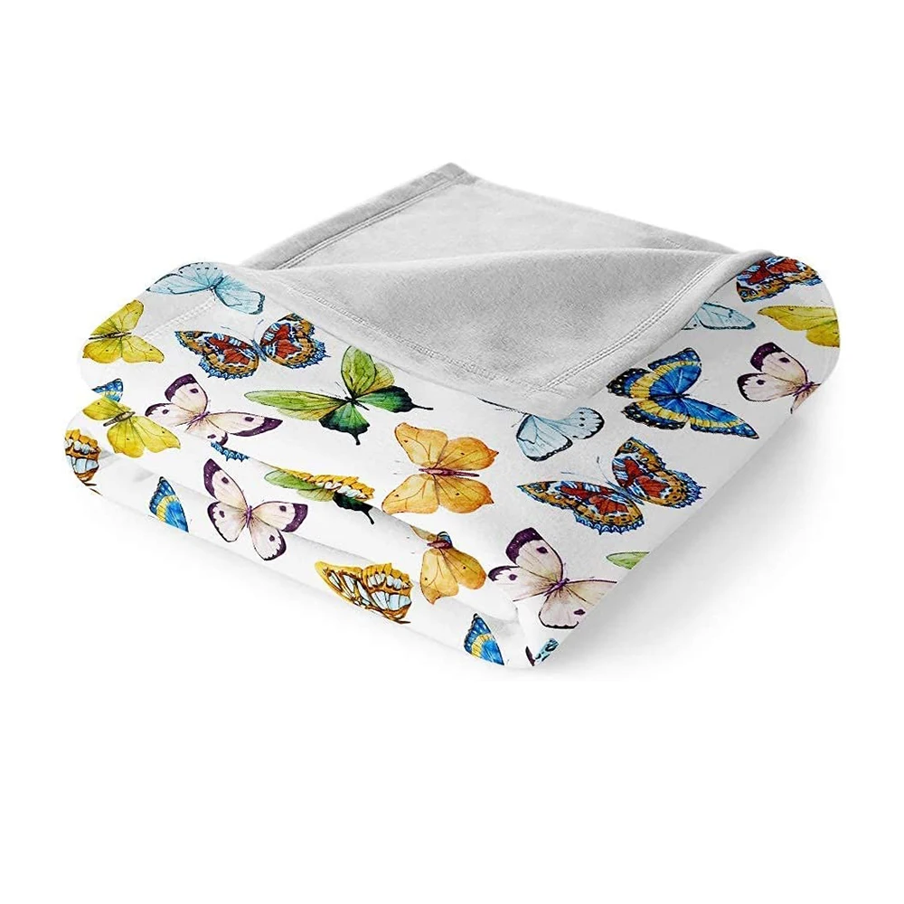 Butterfly Throw Blanket White Flannel Fleece Blanket Digital Printing Flannel Blanket