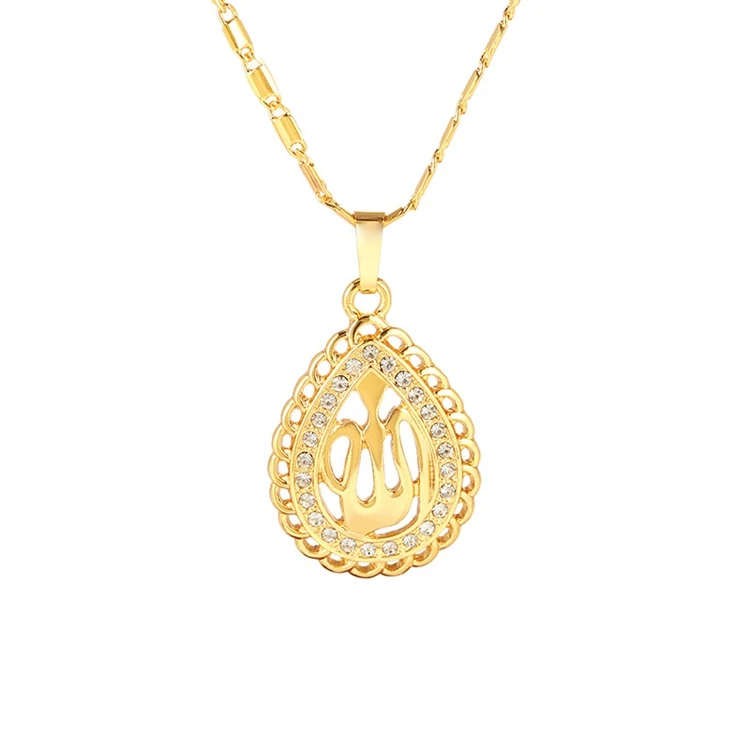 NK-200504 Teardrop Allah Islam Religious Totem Pedant Jewelry Rhinestone Inlay Hollow Muslim Prayer Necklace for Wholesale