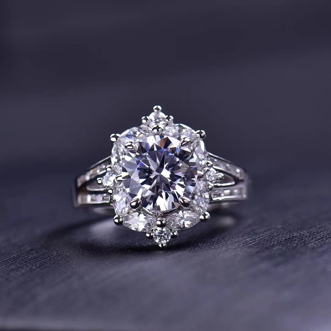 Silver 925 Original 2 Carat Brilliant Cut Diamond Test Past Sparkling D Color Moissanite Blossom Ring Teen Girls Fine Jewelry