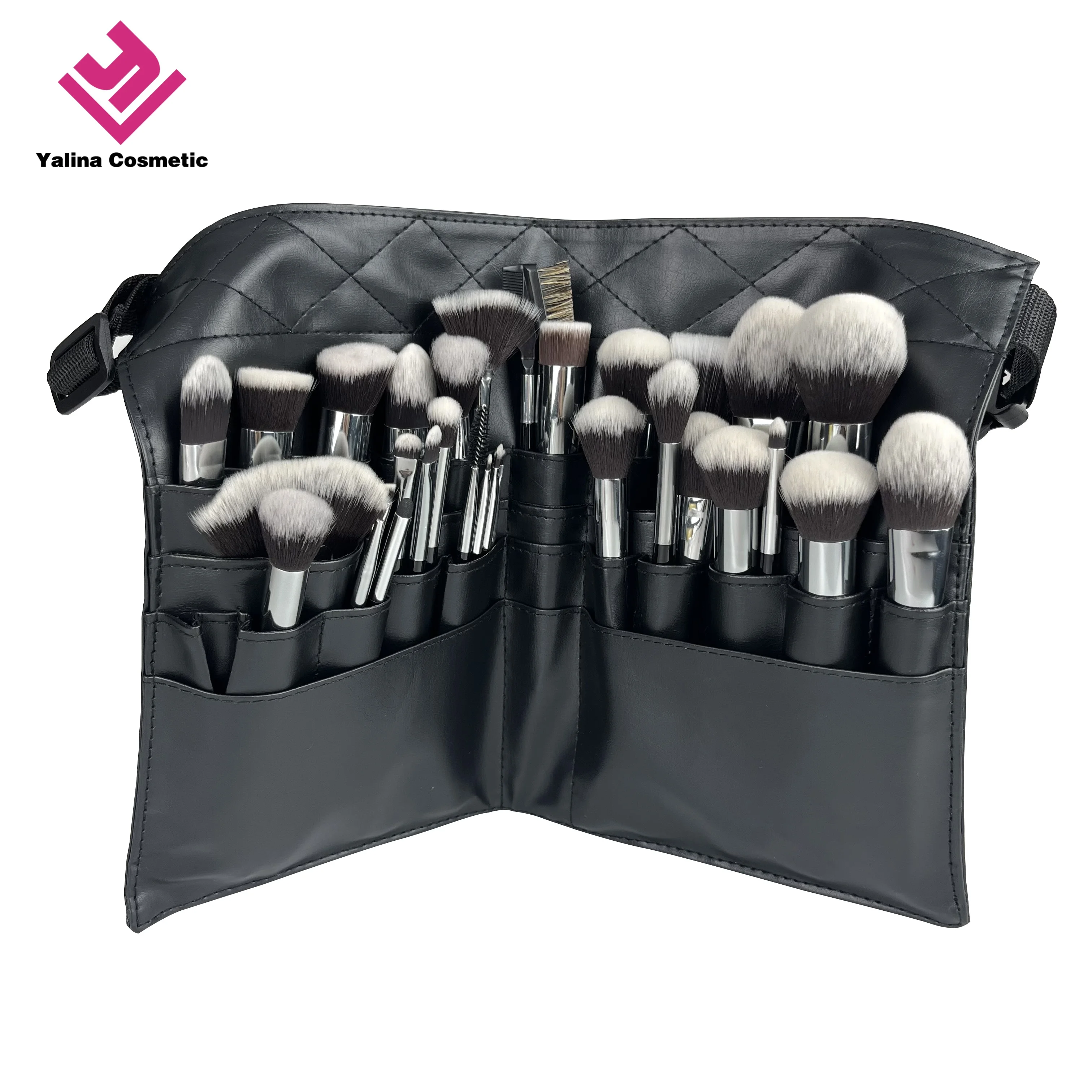 Private label 32 Pockets Professional Cosmetic makeup artist Belt Strap brush set PU leather makeup brush belt