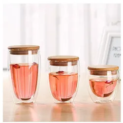 250ml 350ml 450ml Unbreakable Drinking Water Double Wall Glass Cup Mug with bamboo lid Set