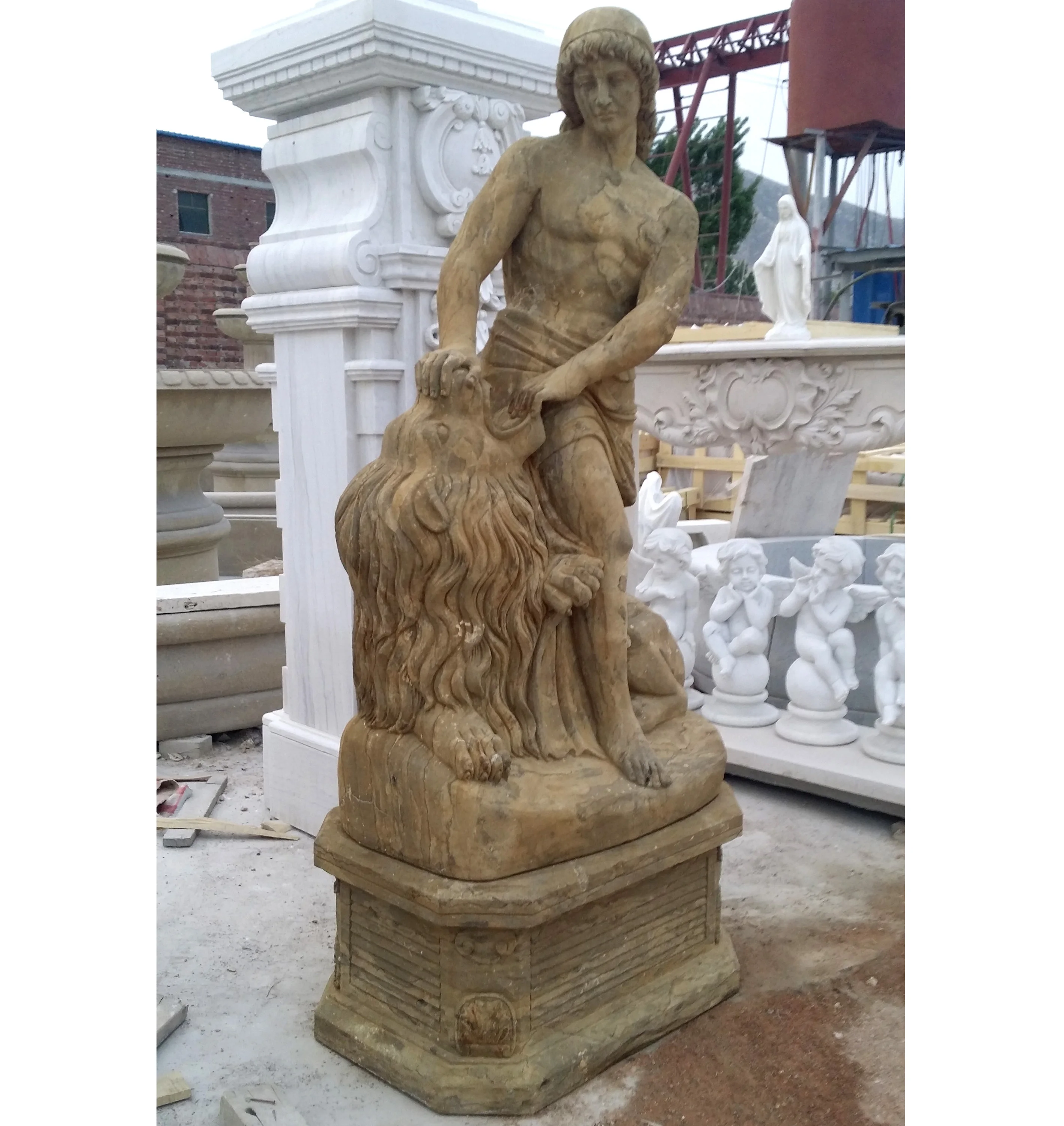 Large Sculpture High Quality Garden Decoration Marble Man And Lion Sculpture Statue
