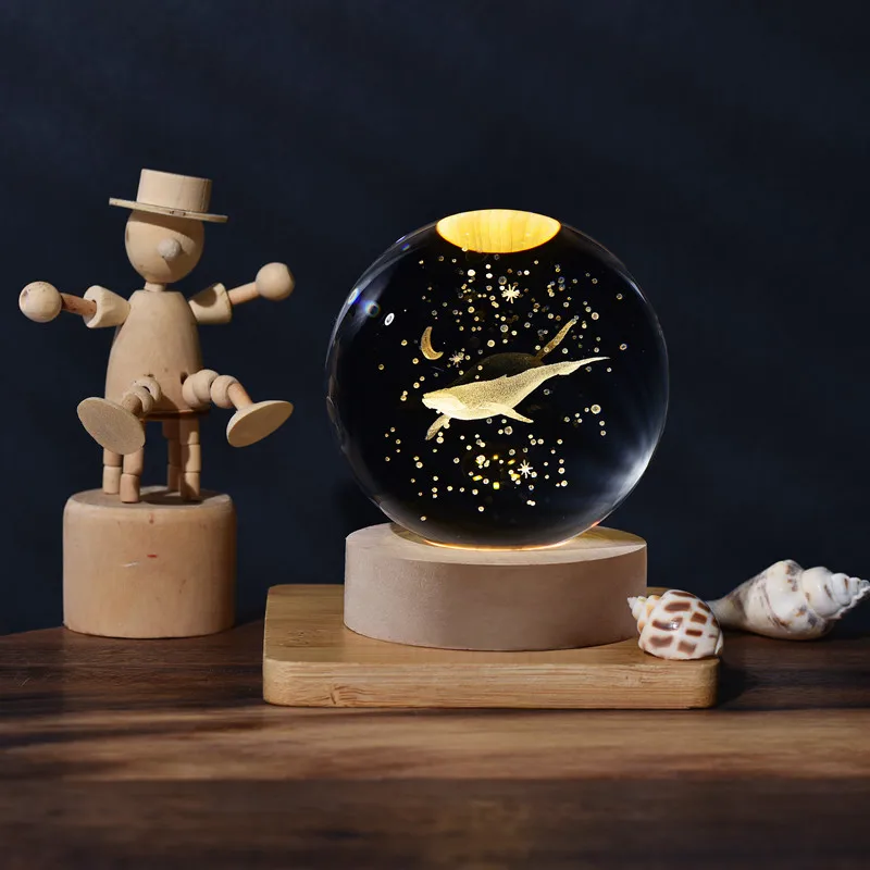 3D Art Glass Ball Night Lamp Luminous Crystal Ball Light Decoration Solar System Moon Led Night Lights With Wooden Led Base