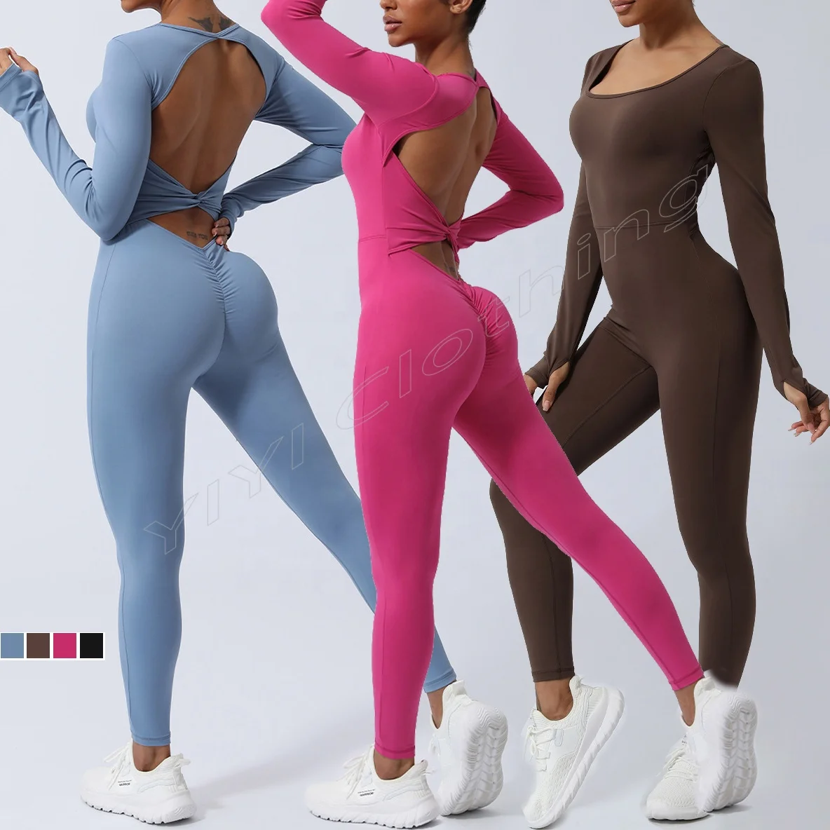 Finger Spring Long Sleeves Yoga Rompers Women Ladies Jogging Wear Beauty Back 2024 new style One Piece stretch bodycon Jumpsuit