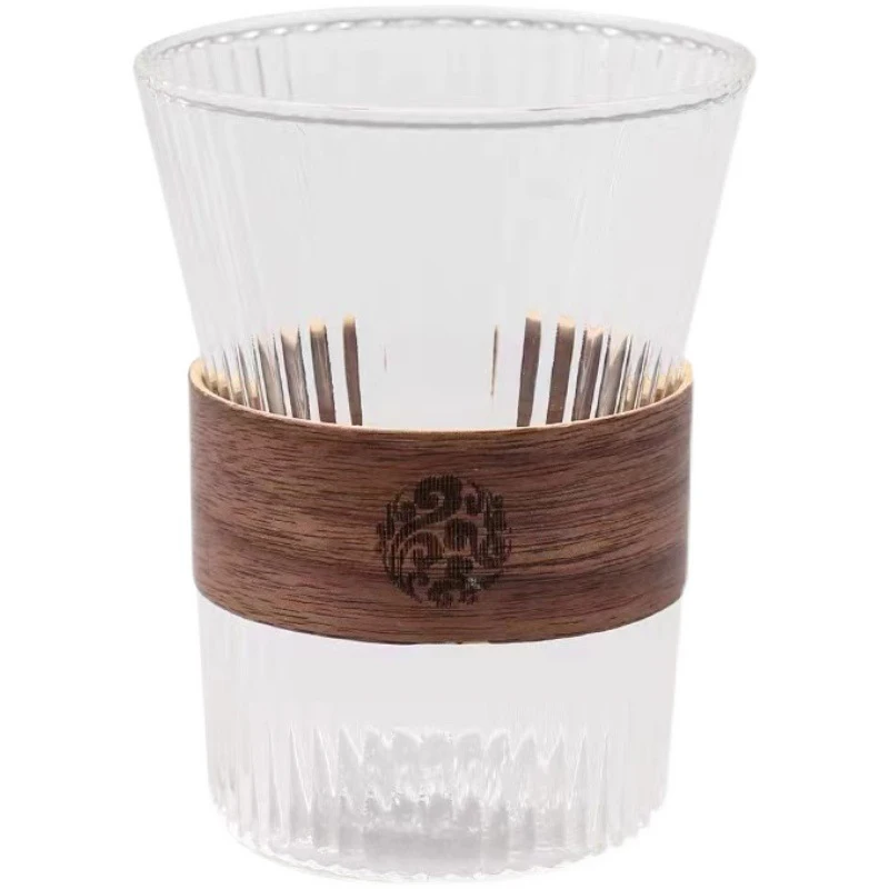 Оптовая продажа стеклянная чайная чашка стеклянные чашки в рубчик для молока и кофе с деревянным тепловым щитком