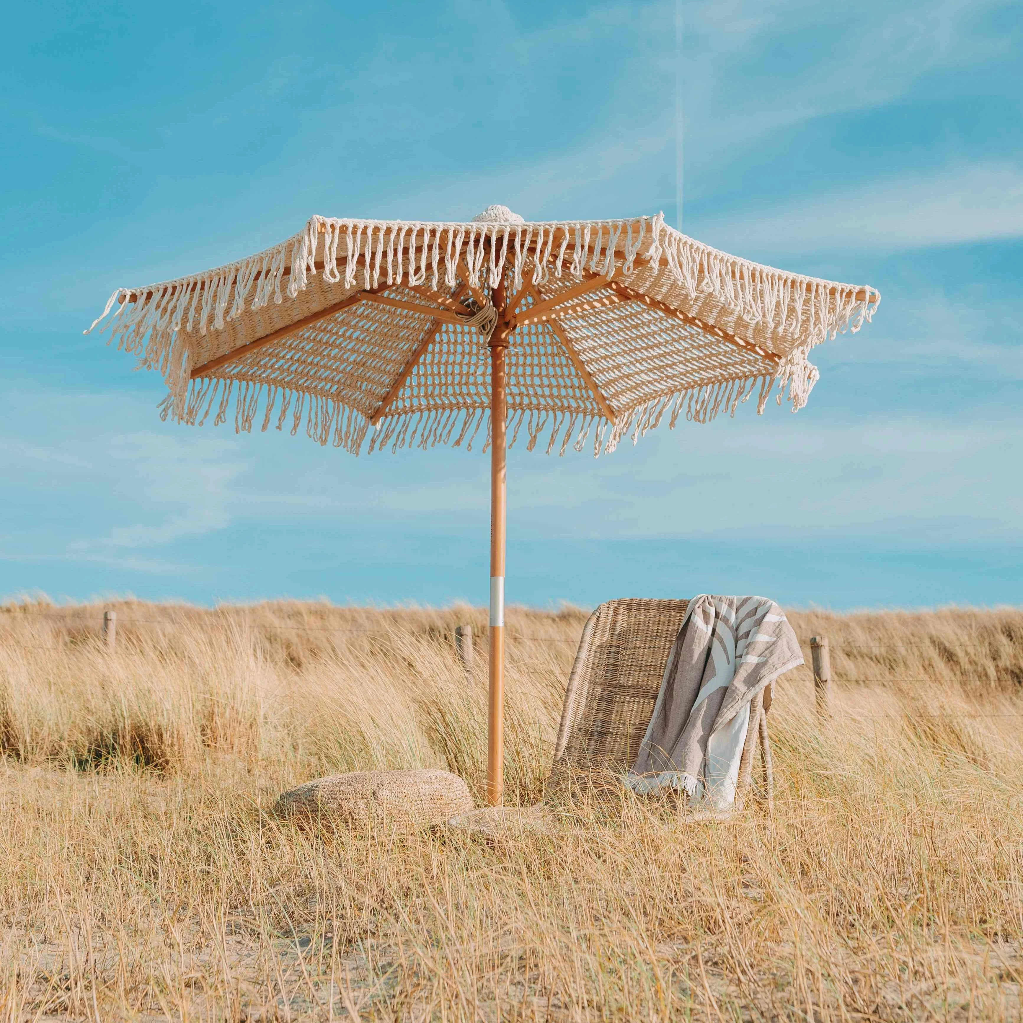 Modern sun macrame bohemian wooden fringe macrame bali boho outdoor garden beach umbrella with tassels