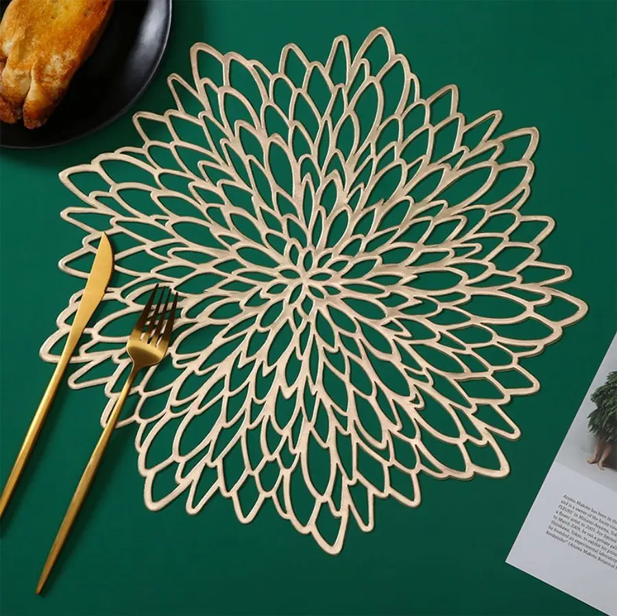 Ins Sublimation Placemat Gold Vinyl Round Carved Table placemat For Home And wedding Decoration PVC Dinig Table Mats