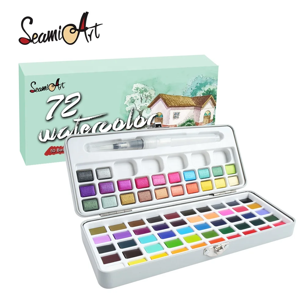 SeamiArt 72 Vivid Colors  Solid watercolor Set With Tin-box & 1pc Water color Brush Pen for Students acuarelas aquarela