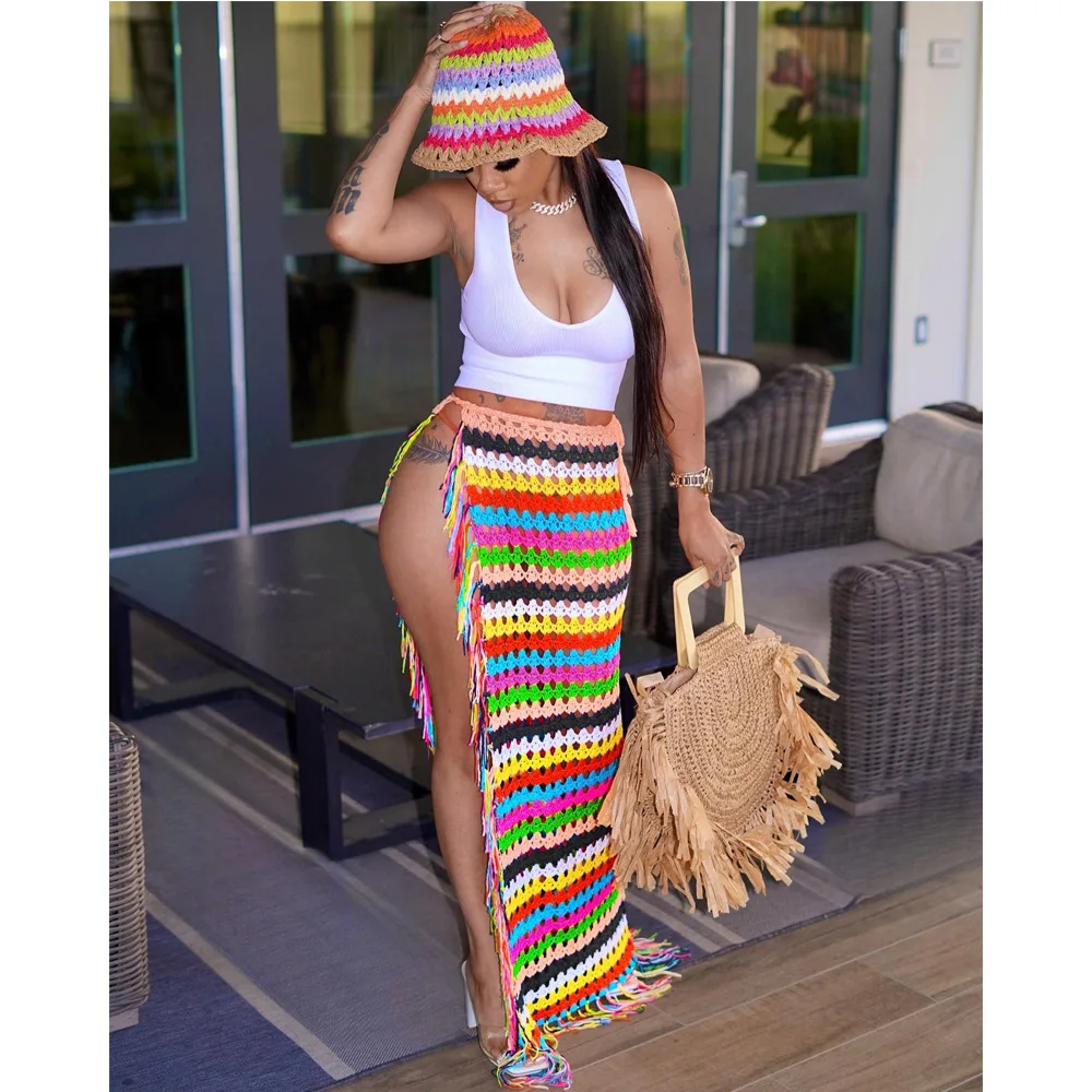 Summer Designer Knitted Tassel Asymmetric Split Skirts Colorful Beach Cover Up Crochet Beach Skirt Hollow Long Stripe Skirt