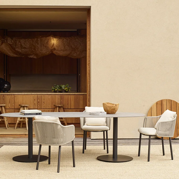 Luxury Teak Garden Furniture Set Patio Cafe Restaurant Round Table And Chair Rope Outdoor Dining Set