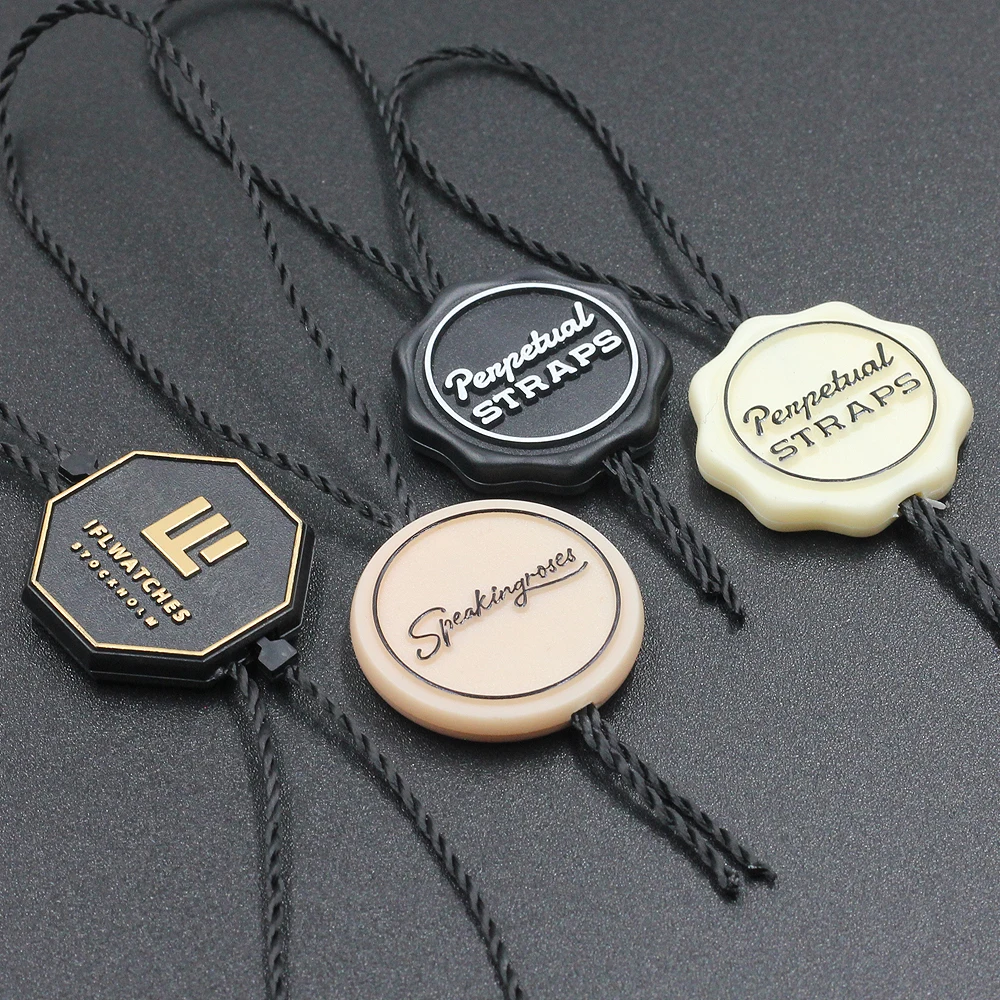 Custom gold logo label design plastic seal tag garment plastic hang tag with string