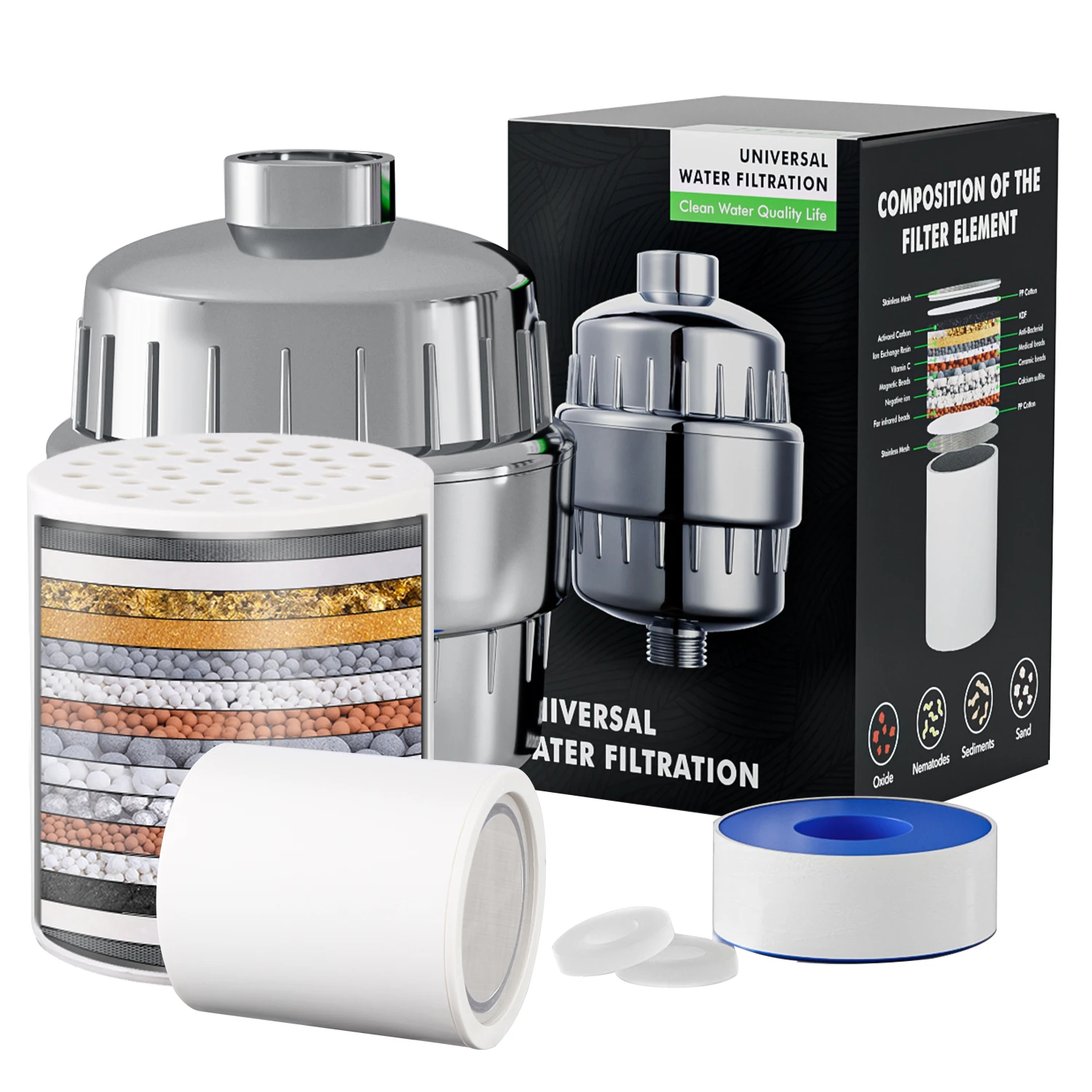 Hot Sale 15 20 Stage Chrome Ionic  Shower Head Filter With Metal Mineral Beads Remove Chlorine For Spa Hard Water And Softener