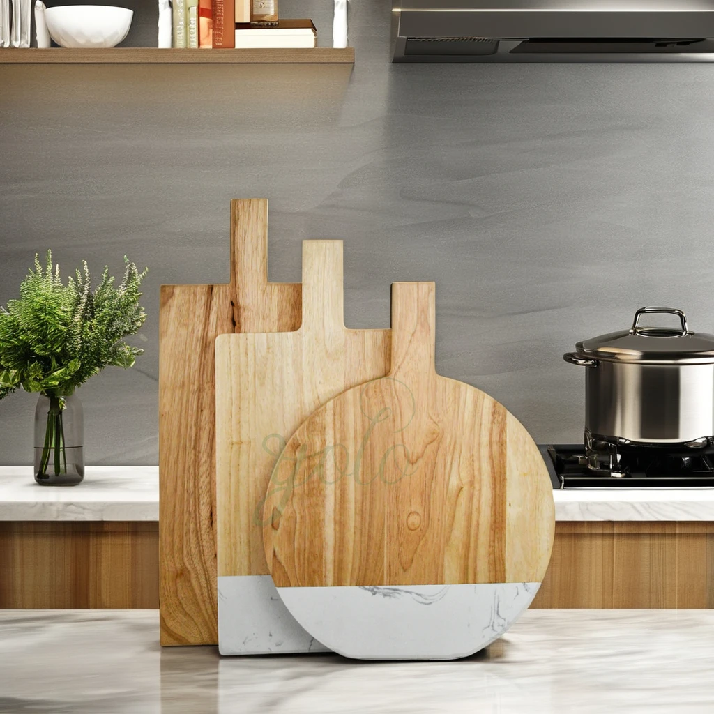 New Arrival Premium Durable Bamboo Wooden Marble Chopping Board Cutting Board with Handle for Cheese Steak Kitchen