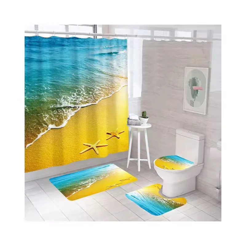 Sea Scenery And Shark Printed 3d Luxury Shower Boho Curtain Mat Bathroom Sets With Sizes Customized Wholesale Shower Curtains
