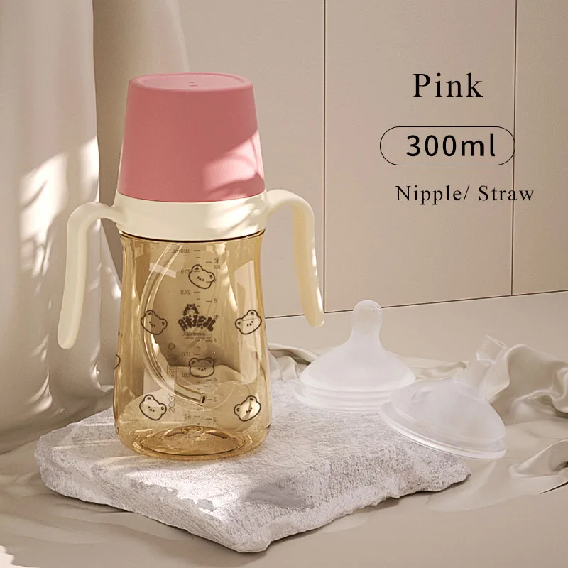 PPSU Baby Feeding Bottle Korea Style Simple Bear Light Durable Sipper Nipple Changeable Off-center Infant Drinking Milk Water
