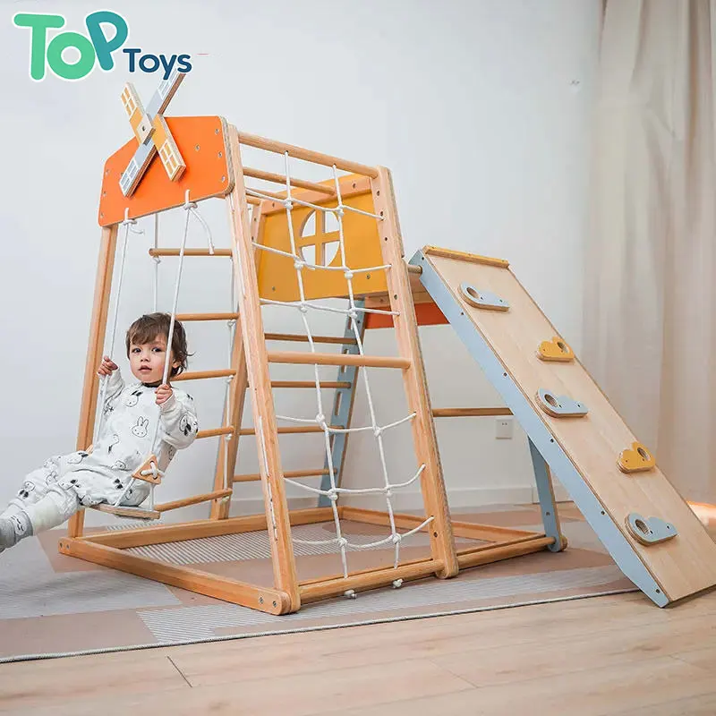 TOP No Professional Installation Required Toddlers Wooden Climber Play Set Rainbow Indoor Playground Jungle Gym Kids