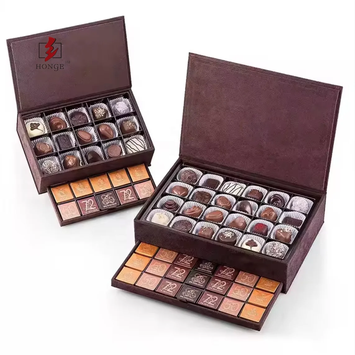 HONGE 2023 Luxury Design Velvet Chocolate Gift Box with Gold Stamp 2 Layers Display Candy Box Custom Logo Printing For Gift