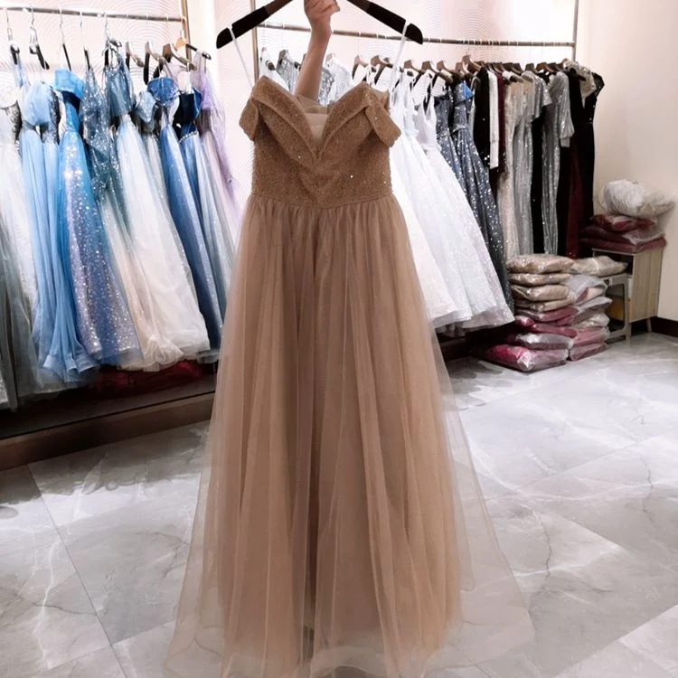 Wholesale high quality A line sweetheart off shoulder appliqued with pearls Brown luxurious ladies formal prom wedding dress
