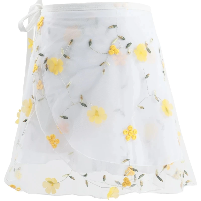 Women Ballet Skirt Embroidery Floral Chiffon Wrap Dance Skirt
