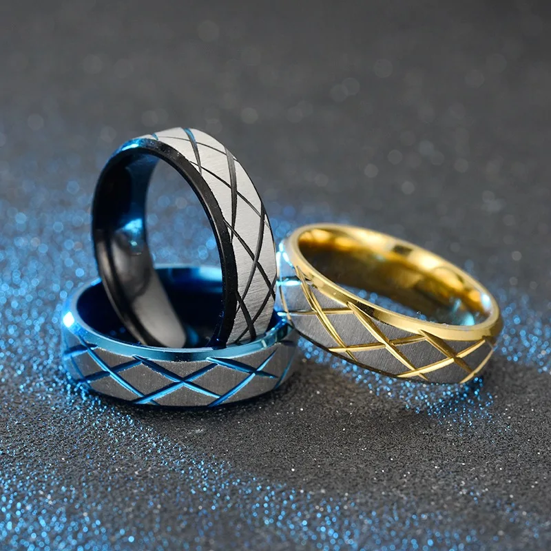 6mm Stainless steel engraved ring black gold blue Titanium steel couple ring for men women Korea Jewelry Wholesale
