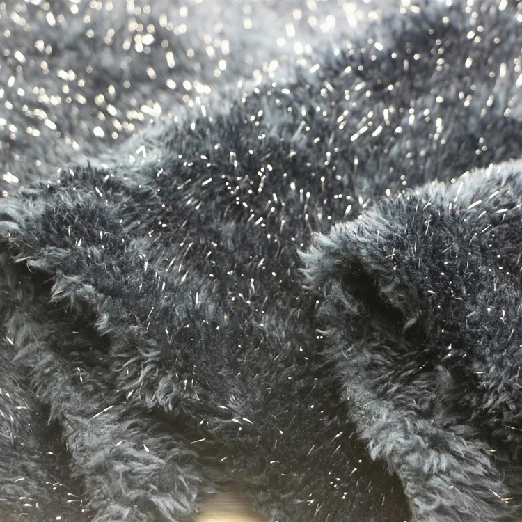 Silver Yarn Shu Velveteen Fabric Knit Weft Polyester Silver Yarn Metallic Double Side Berber Shu Velveteen Sherpa Fleece Fabric