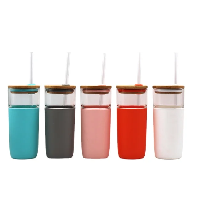 
Silicone Sleeves Bamboo Lids Clear Colorful Travel Drink Glass Tumbler Water Bottle with Straw 